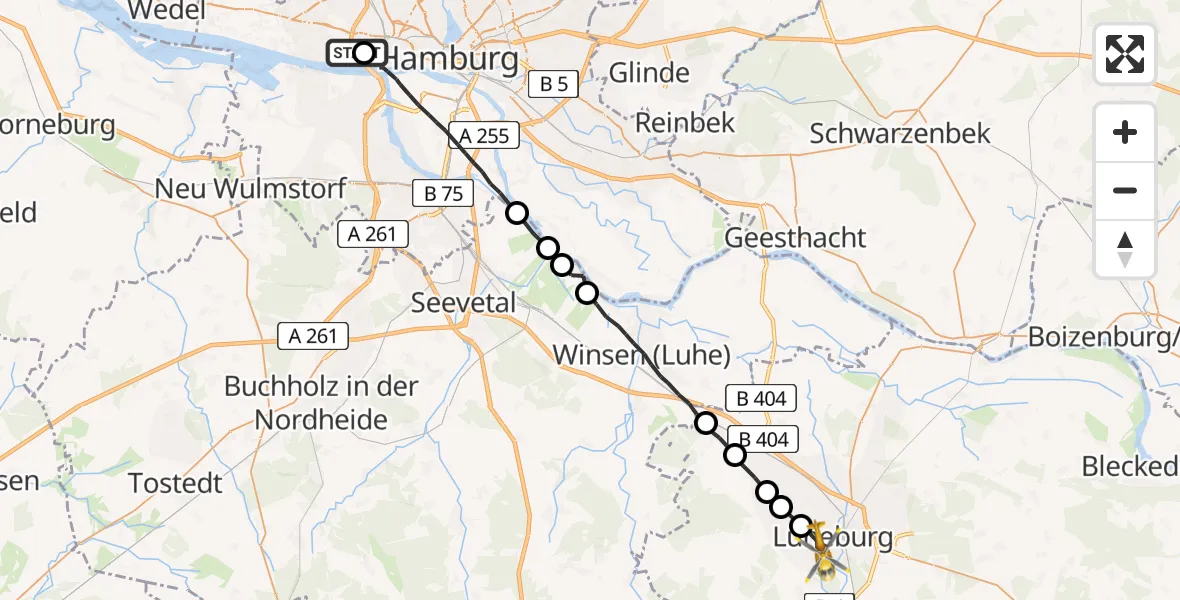 Flugroute Rettungshubschrauber Asklepios Hospital Altona - Lüneburg, 31 Juli 2026, 09:37