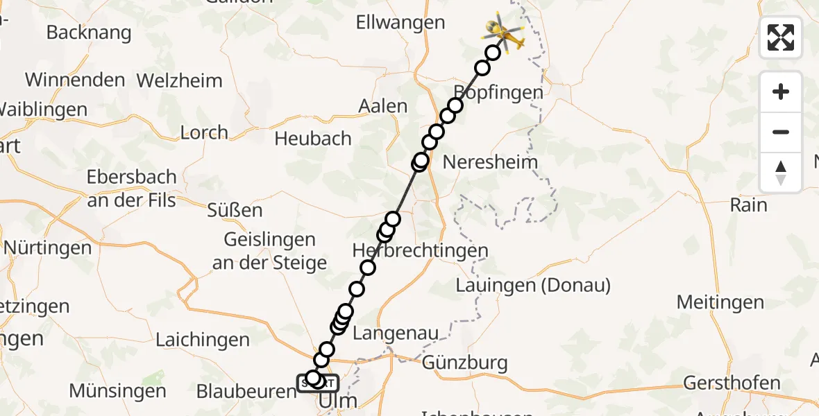Flugroute Rettungshubschrauber Ulm Military Hospital Emergency - Unterschneidheim, 31 Juli 2026, 09:40