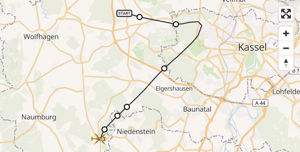 Flugroute Rettungshubschrauber Zierenberg - Bad Emstal, 31 Juli 2026, 09:41