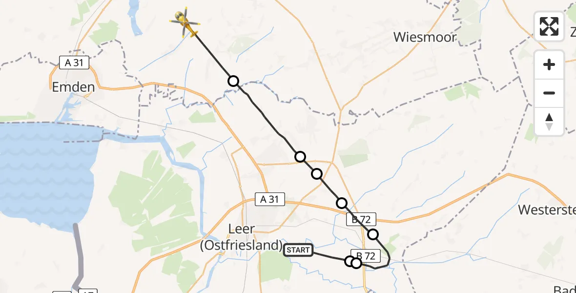 Flugroute Rettungshubschrauber Detern - Ihlow, 31 Juli 2026, 09:42