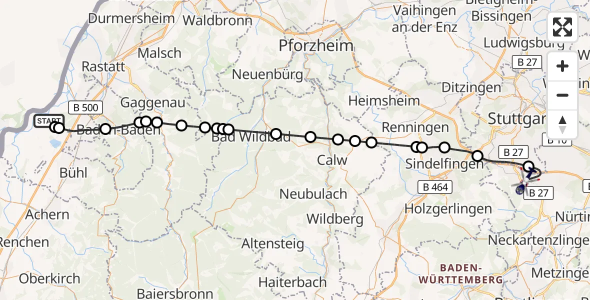 Flugroute Polizeihubschrauber Karlsruhe Baden-Baden Flughafen - Flughafen Stuttgart, 31 Juli 2026, 09:45