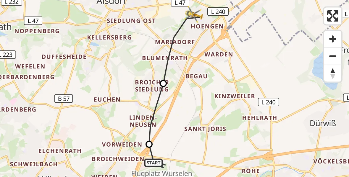 Flugroute Rettungshubschrauber Aachen-Merzbrück Flughafen - Alsdorf, 31 Juli 2026, 09:50