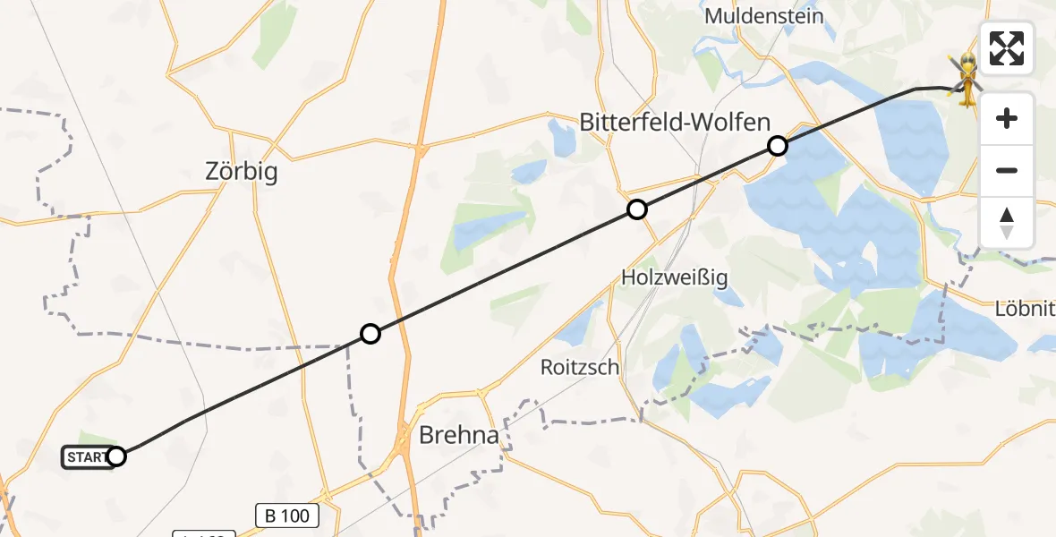 Flugroute Rettungshubschrauber Halle-Oppin Flugplatz - Muldestausee, 31 Juli 2026, 09:51