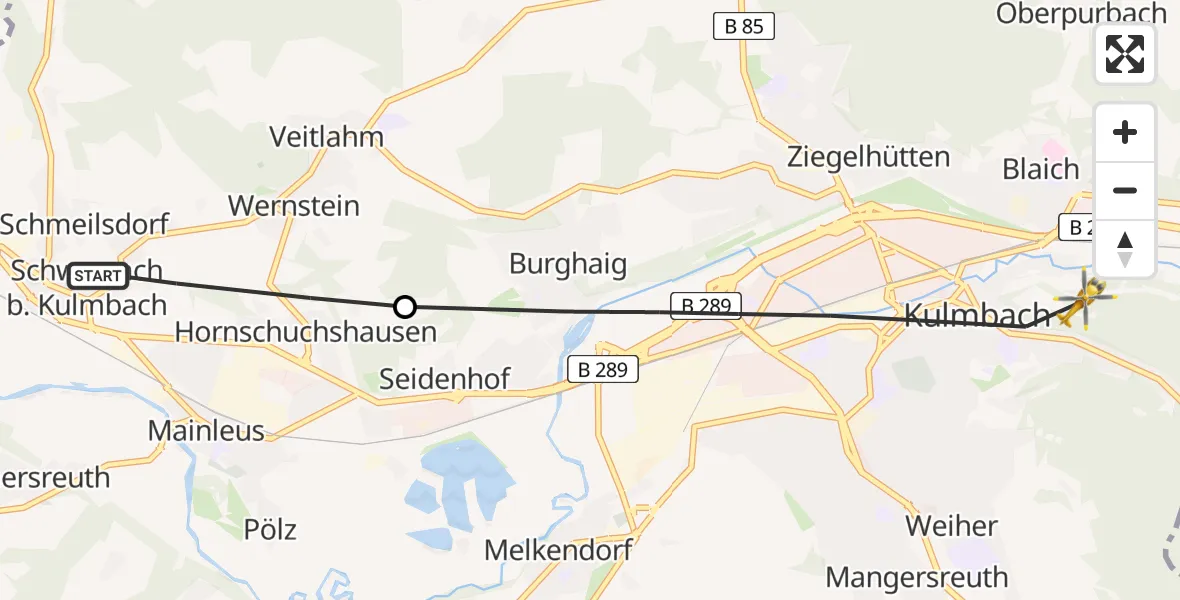 Flugroute Ambulanzhubschrauber Mainleus - Kulmbach, 31 Juli 2026, 09:52