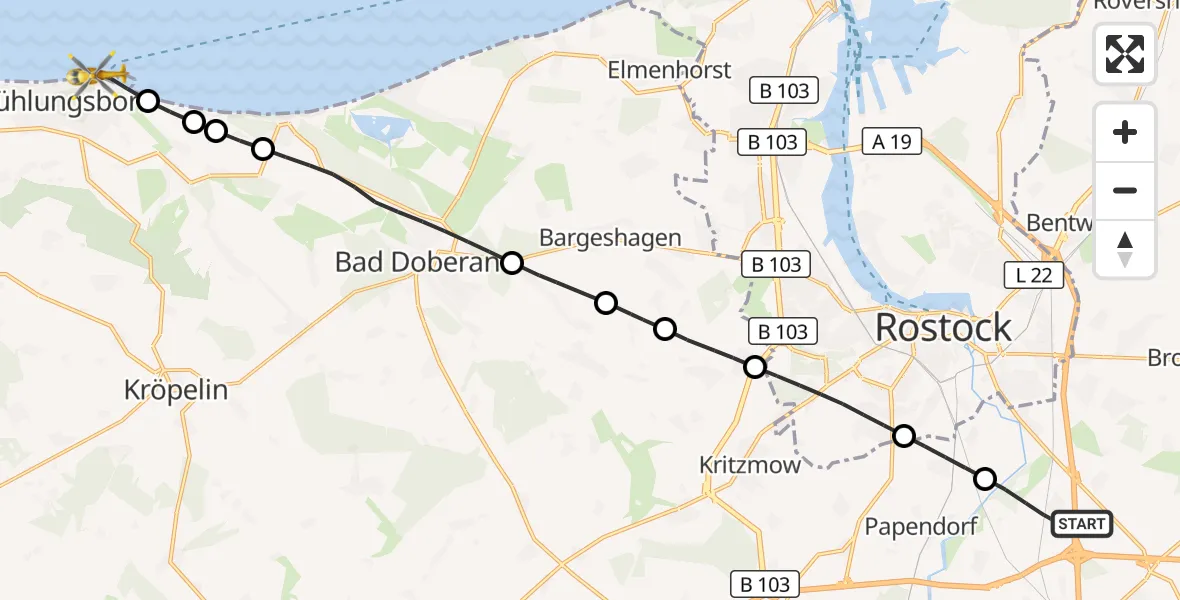 Flugroute Ambulanzhubschrauber Dummerstorf - Kühlungsborn, 31 Juli 2026, 09:52