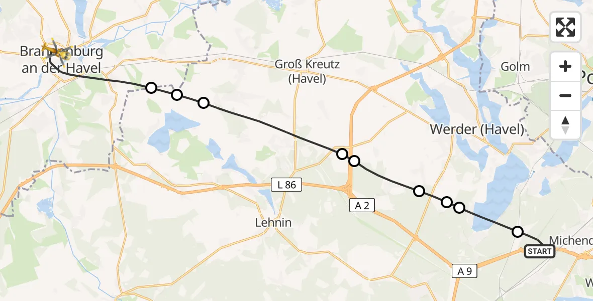 Flugroute Rettungshubschrauber Michendorf - Brandenburg an der Havel, 31 Juli 2026, 09:53