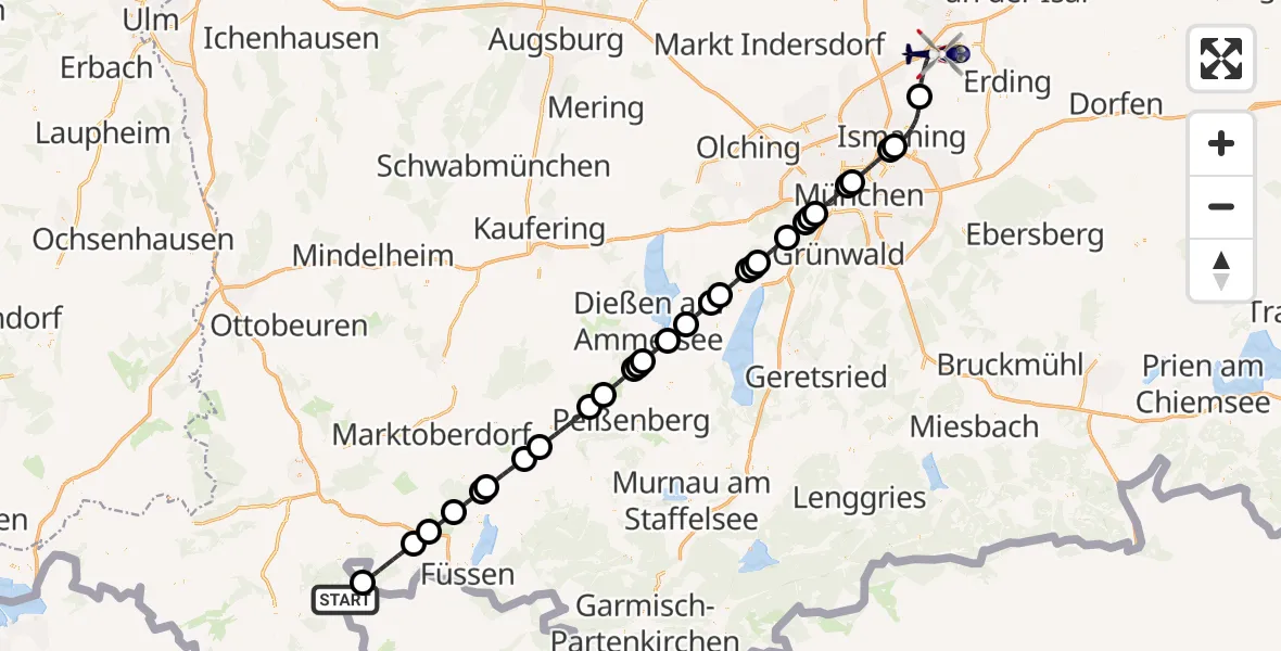 Flugroute Polizeihubschrauber Bad Hindelang - München Flughafen, 31 Juli 2026, 09:54