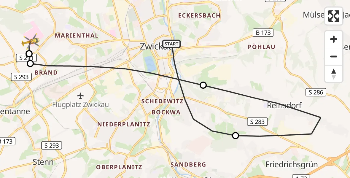 Flugroute Rettungshubschrauber Zwickau - ADAC Air Rescue Station Zwickau Hubschrauberlandeplatz, 31 Juli 2026, 09:55