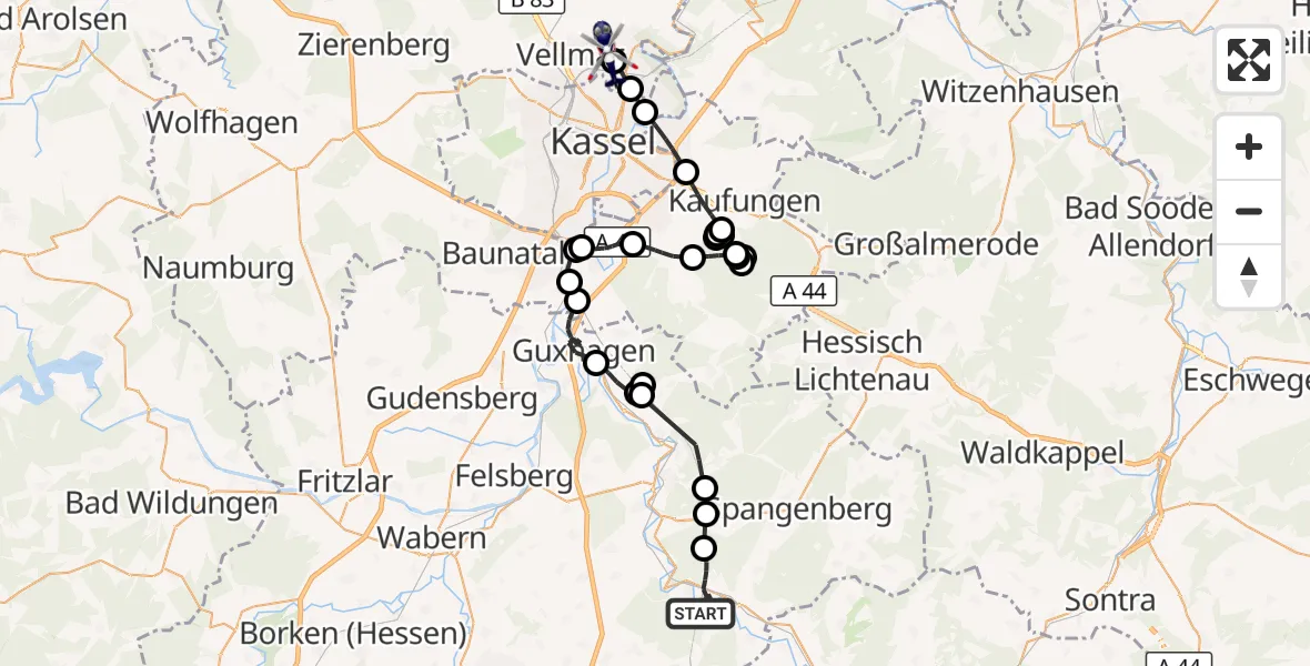 Flugroute Polizeihubschrauber Morschen - Fuldatal Bundespolizei Hubschrauberlandeplatz, 31 Juli 2026, 09:55