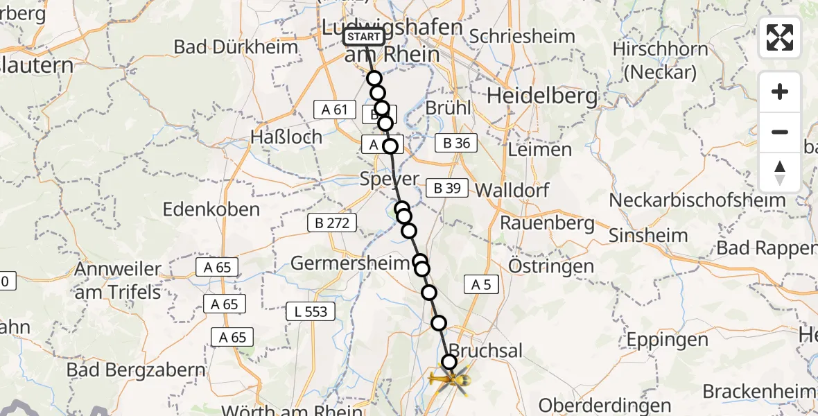 Flugroute Rettungshubschrauber Ludwigshafen am Rhein - Bruchsal, 31 Juli 2026, 09:58