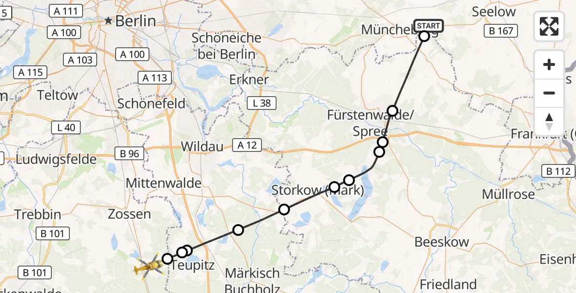 Flugroute Rettungshubschrauber Müncheberg - Zossen, 31 Juli 2026, 09:58
