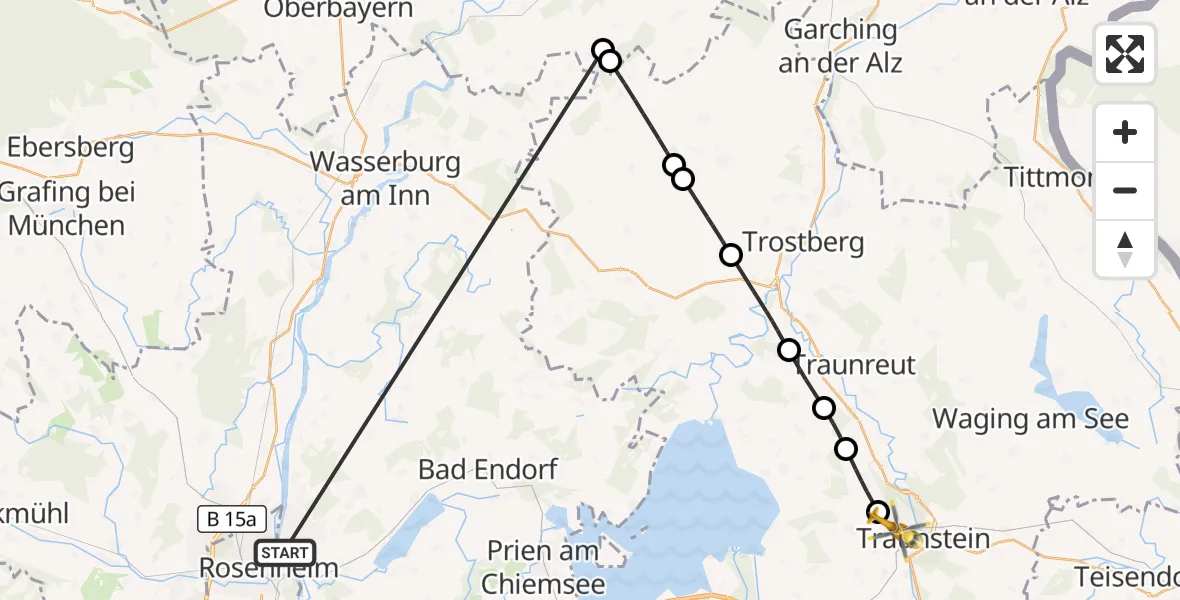 Flugroute Rettungshubschrauber Stephanskirchen - Traunstein Krankenhaus Hubschrauberlandeplatz, 31 Juli 2026, 09:59