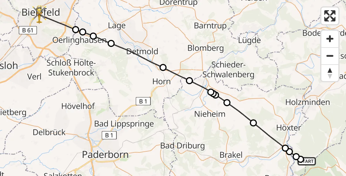 Flugroute Rettungshubschrauber Derental - Bielefeld, 31 Juli 2026, 10:02
