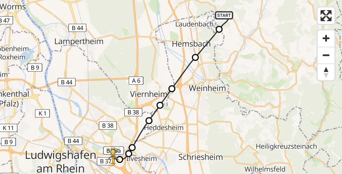 Flugroute Rettungshubschrauber Mörlenbach - Mannheim-City Flughafen, 31 Juli 2026, 10:03