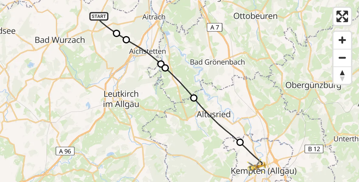 Flugroute Rettungshubschrauber Bad Wurzach - Kempten (Allgäu), 31 Juli 2026, 10:05