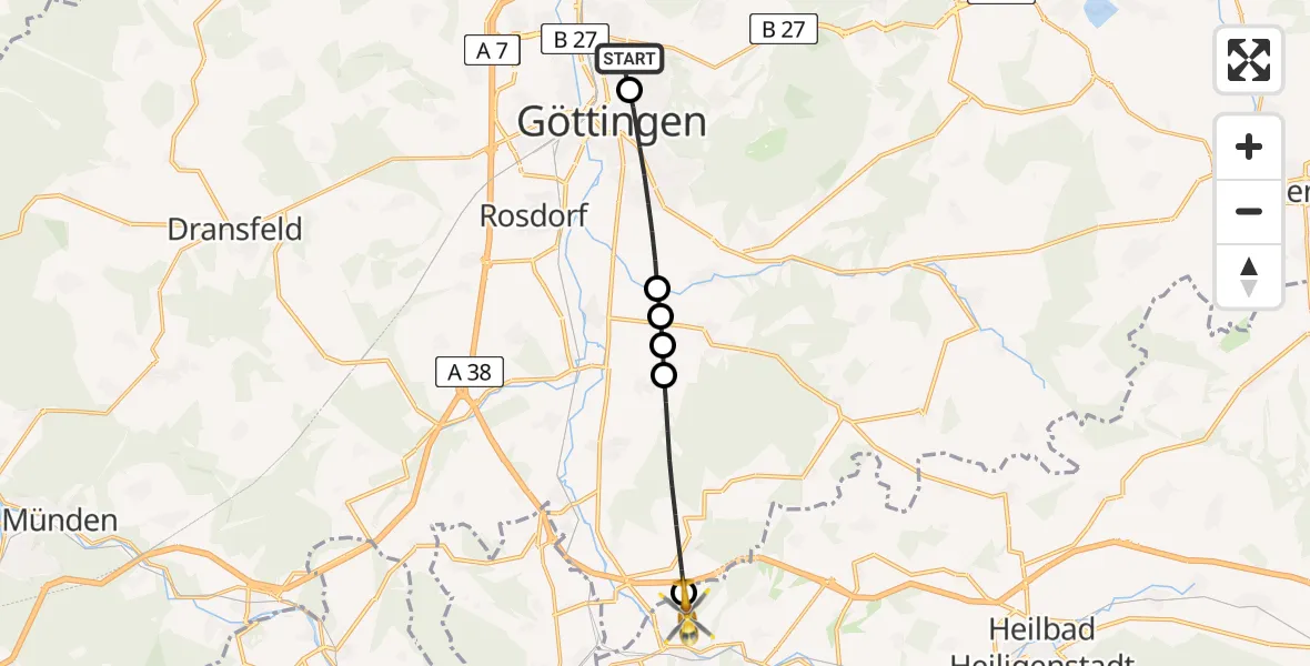 Flugroute Rettungshubschrauber Göttingen University Clinic Hubschrauberlandeplatz - Kirchgandern, 31 Juli 2026, 10:10