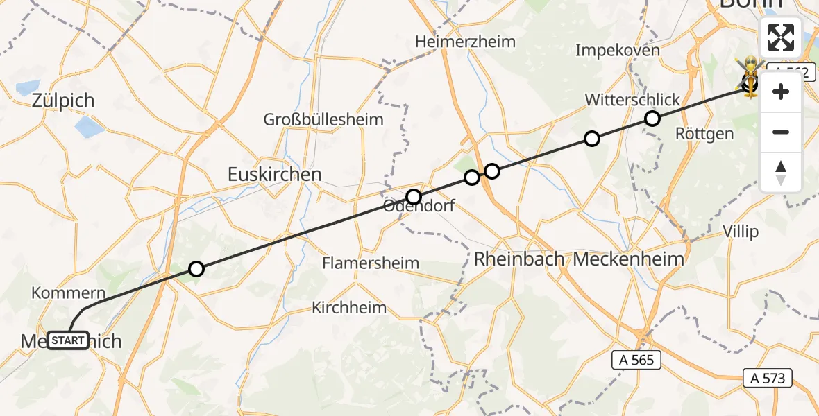 Flugroute Ambulanzhubschrauber Mechernich - Bonn University Hospital, 31 Juli 2026, 10:13