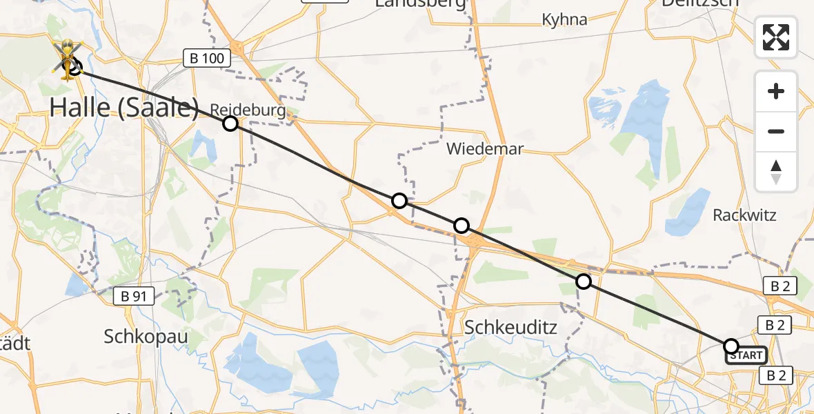 Flugroute Rettungshubschrauber Sankt Georg Hospital Leipzig Reserve - Halle (Saale) University Hospital, 31 Juli 2026, 10:14