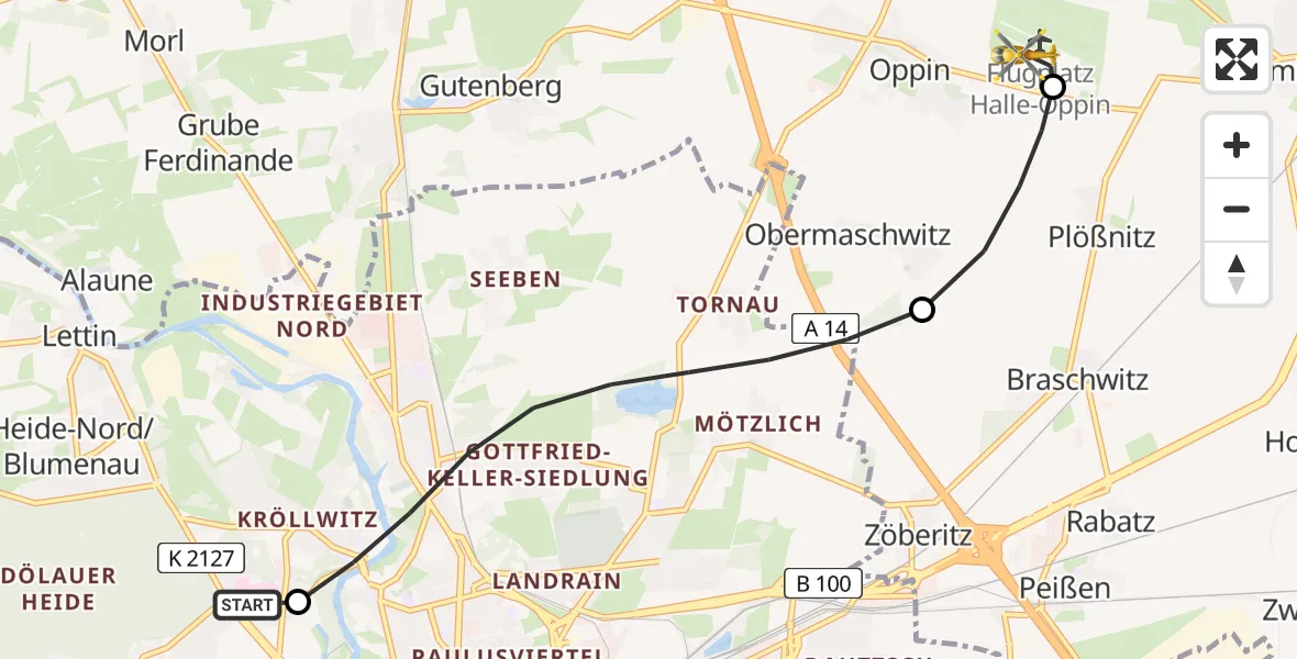 Flugroute Rettungshubschrauber Halle (Saale) University Hospital - Halle-Oppin Flugplatz, 31 Juli 2026, 10:15