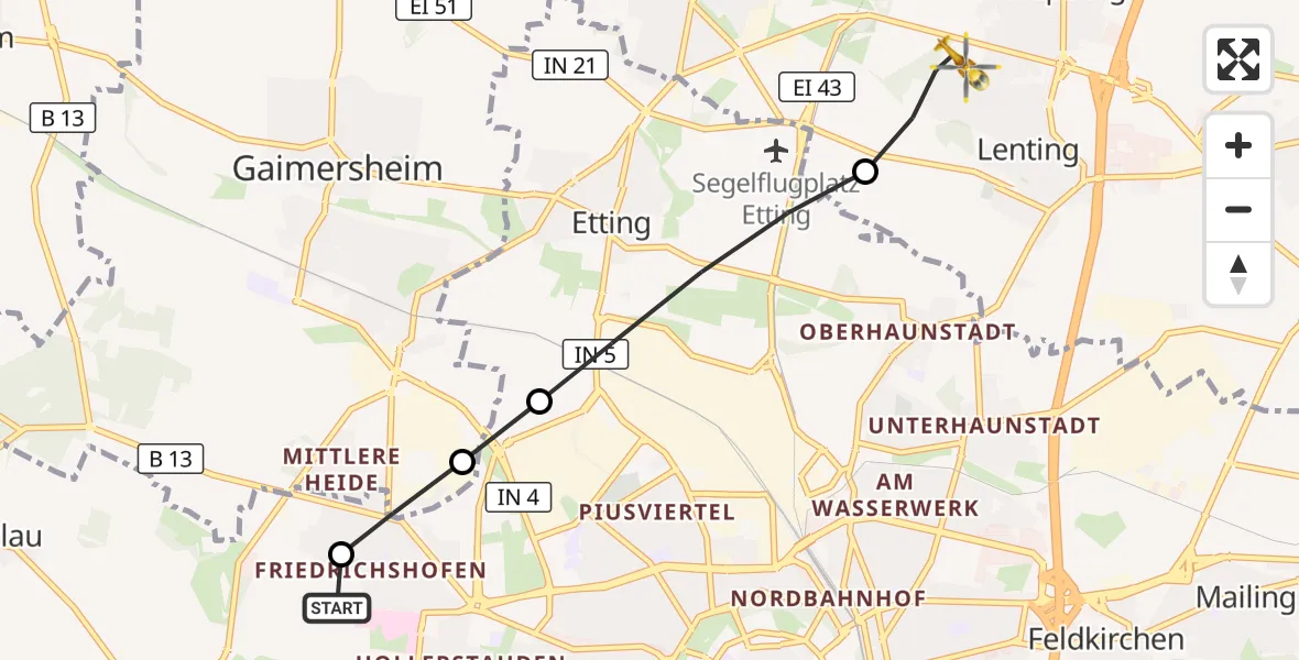 Flugroute Rettungshubschrauber Ingolstadt Hospital - Lenting, 31 Juli 2026, 10:16