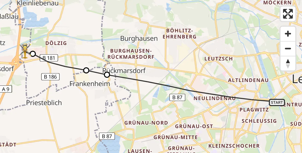 Flugroute Rettungshubschrauber Leipzig - ADAC Air Rescue Station Leipzig/Schkeuditz-Dölzig Hubschrauberlandeplatz (Christoph 61), 31 Juli 2026, 10:25