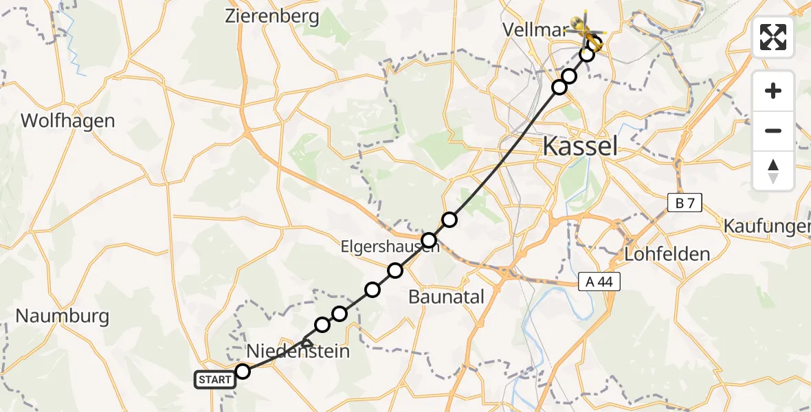Flugroute Rettungshubschrauber Bad Emstal - Fuldatal Bundespolizei Hubschrauberlandeplatz, 31 Juli 2026, 10:25