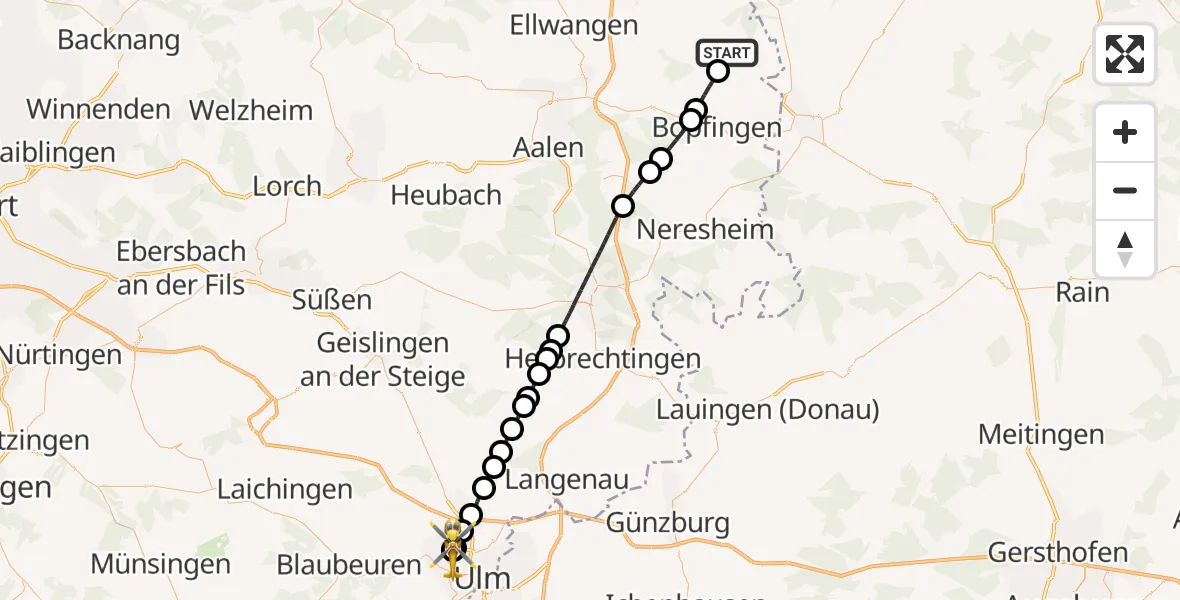 Flugroute Rettungshubschrauber Unterschneidheim - ADAC Air Rescue Station Ulm (Christoph 22), 31 Juli 2026, 10:29