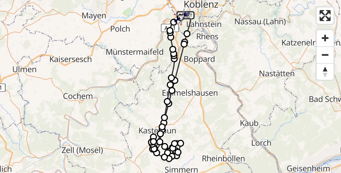 Flugroute Polizeihubschrauber Koblenz - Koblenz-Winningen Flugplatz, 31 Juli 2026, 10:31