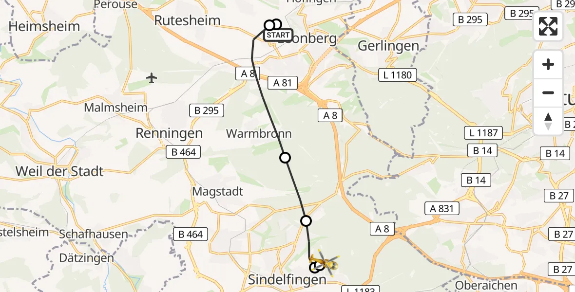 Flugroute Rettungshubschrauber Leonberg Hospital - Sindelfingen Hospital, 31 Juli 2026, 10:32