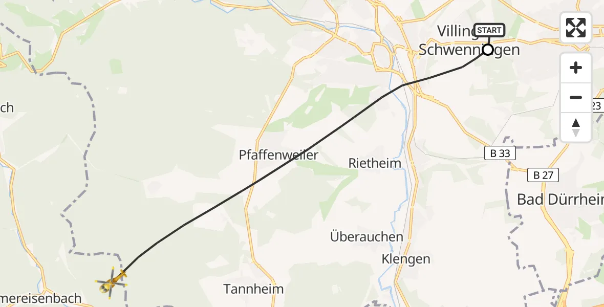 Flugroute Ambulanzhubschrauber DRF Air Rescue Station Villingen-Schwenningen Hubschrauberlandeplatz (Christoph 11) - Vöhrenbach, 31 Juli 2026, 10:35