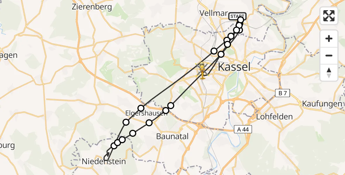 Flugroute Rettungshubschrauber Fuldatal Bundespolizei Hubschrauberlandeplatz - Kassel, 31 Juli 2026, 10:35
