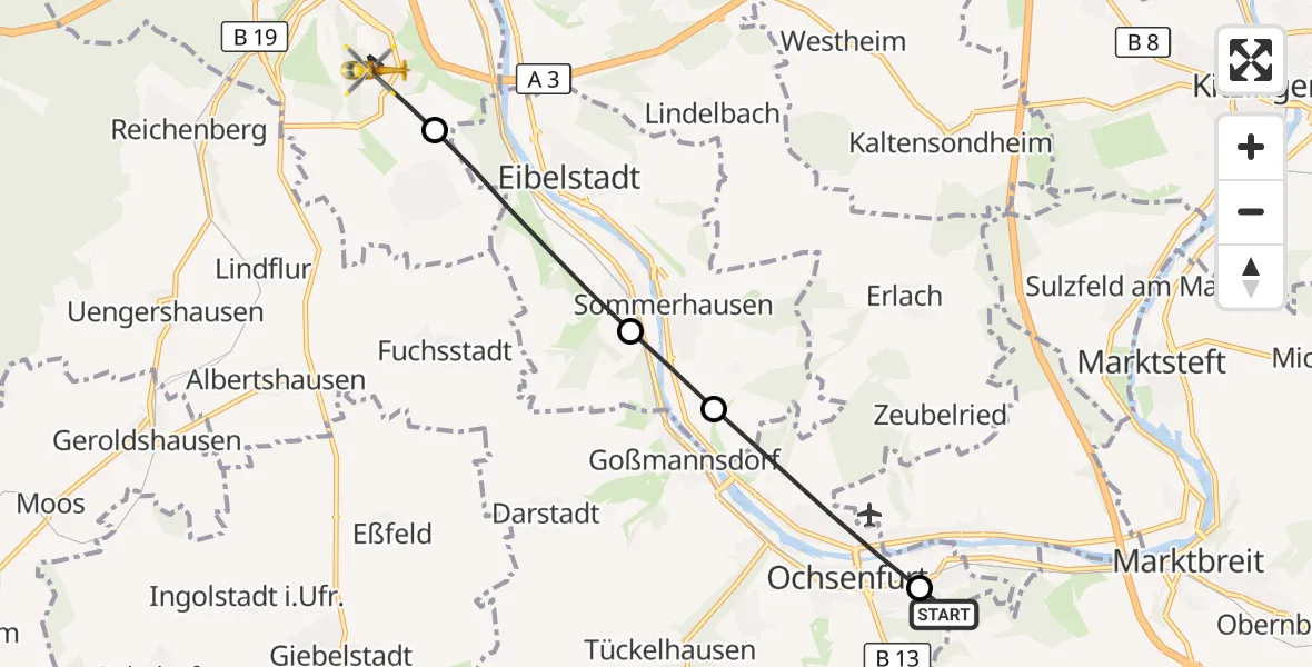 Flugroute Rettungshubschrauber Ochsenfurt Hospital - Würzburg, 31 Juli 2026, 10:36