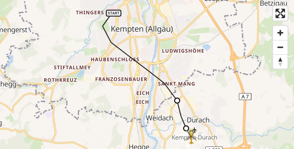 Flugroute Rettungshubschrauber Kempten (Allgäu) - Kempten-Durach Flugplatz, 31 Juli 2026, 10:38