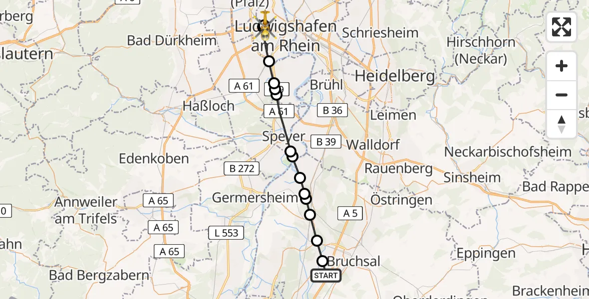 Flugroute Rettungshubschrauber Bruchsal - Ludwigshafen Accident Hospital, 31 Juli 2026, 10:48