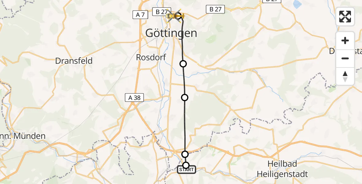 Flugroute Rettungshubschrauber Arenshausen - Göttingen University Clinic Hubschrauberlandeplatz, 31 Juli 2026, 10:56
