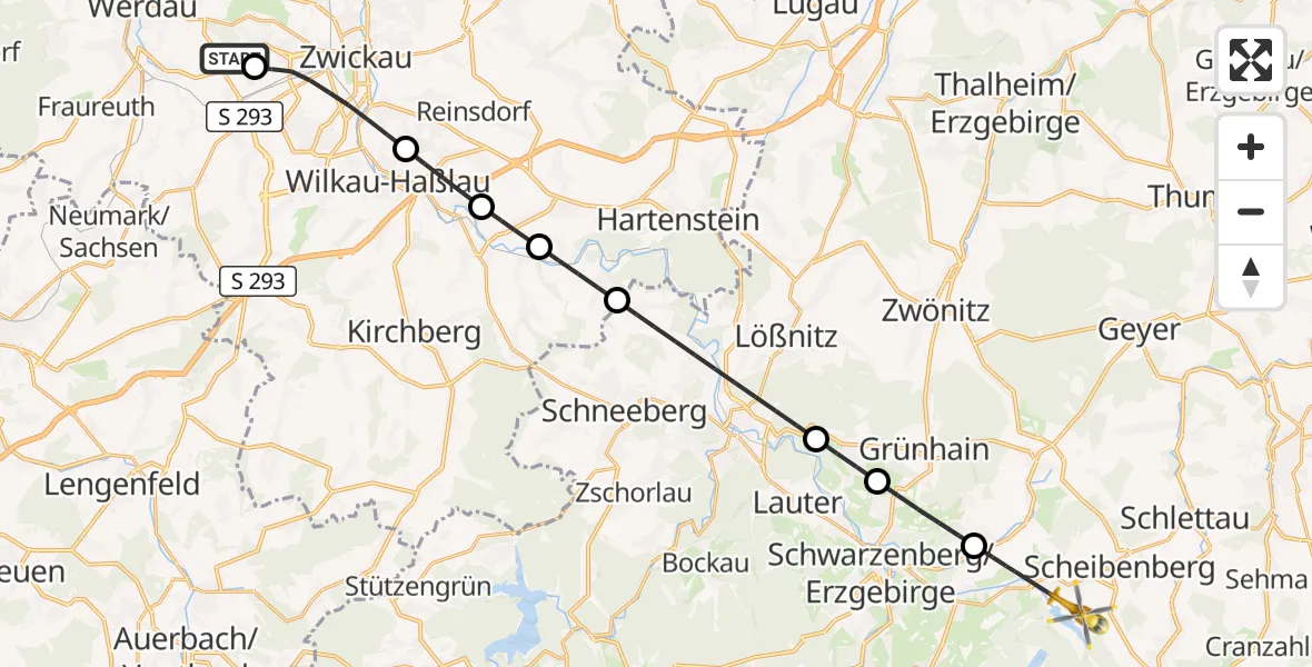 Flugroute Rettungshubschrauber ADAC Air Rescue Station Zwickau Hubschrauberlandeplatz - Raschau-Markersbach, 31 Juli 2026, 10:57