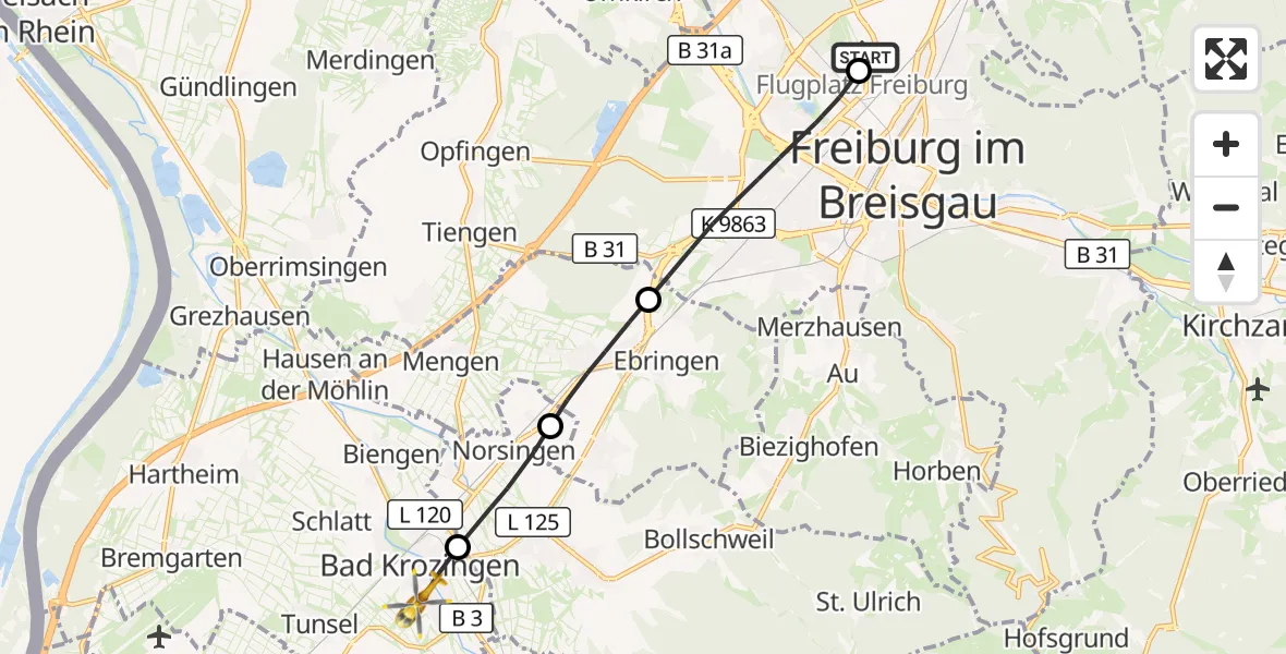 Flugroute Ambulanzhubschrauber Freiburg im Breisgau Flugplatz - Bad Krozingen, 31 Juli 2026, 10:59