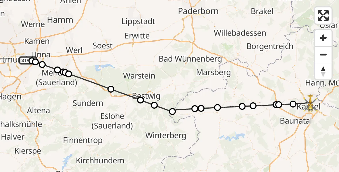 Flugroute Rettungshubschrauber Dortmund Flughafen - Kassel, 31 Juli 2026, 11:02