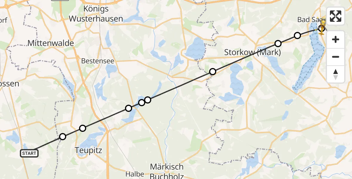 Flugroute Rettungshubschrauber Zossen - Bad Saarow Hospital Hubschrauberlandeplatz, 31 Juli 2026, 11:05