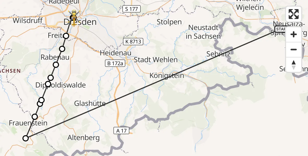 Flugroute Rettungshubschrauber Neusalza-Spremberg - Dresden Friedrichstadt Hospital, 31 Juli 2026, 11:06