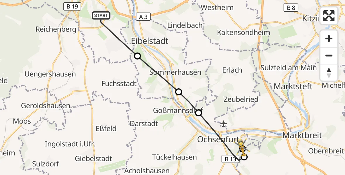 Flugroute Rettungshubschrauber Würzburg - Ochsenfurt Hospital, 31 Juli 2026, 11:13