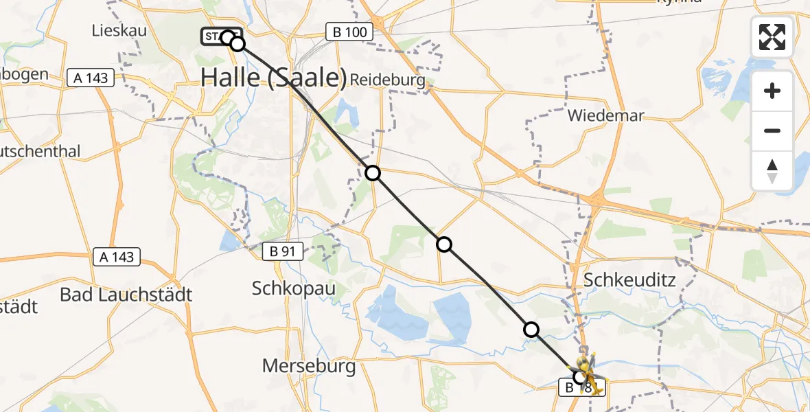 Flugroute Rettungshubschrauber Halle (Saale) University Hospital - ADAC Air Rescue Station Leipzig/Schkeuditz-Dölzig Hubschrauberlandeplatz (Christoph 61), 31 Juli 2026, 11:17