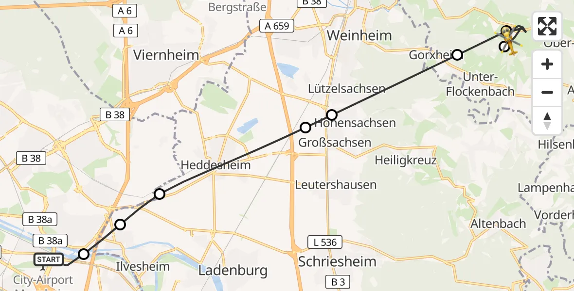 Flugroute Rettungshubschrauber Mannheim-City Flughafen - Birkenau, 31 Juli 2026, 11:21