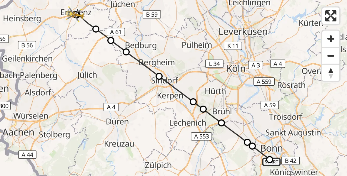 Flugroute Ambulanzhubschrauber Bonn University Hospital - Hermann-Josef Hospital Erkelenz, 31 Juli 2026, 11:23