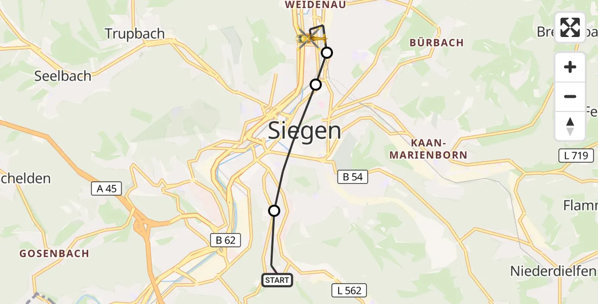 Flugroute Rettungshubschrauber Evangelisches Jung-Stilling Hospital - Siegen, 31 Juli 2026, 11:24