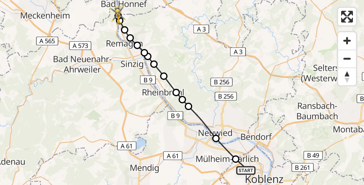 Flugroute Rettungshubschrauber Koblenz - Remagen, 31 Juli 2026, 11:24