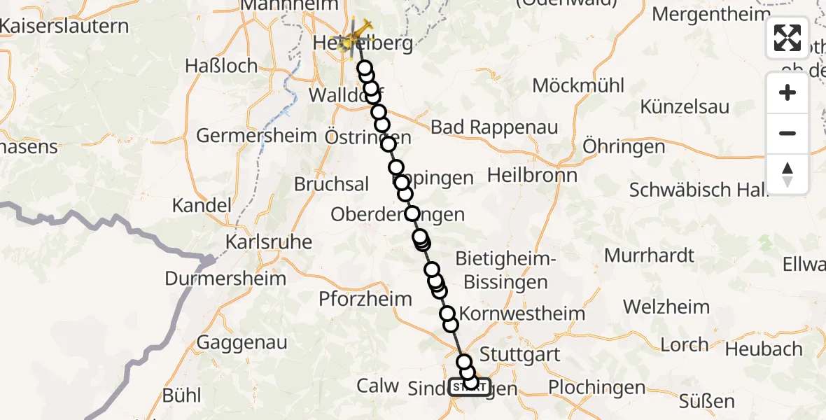 Flugroute Rettungshubschrauber Sindelfingen Hospital - Heidelberg, 31 Juli 2026, 11:26