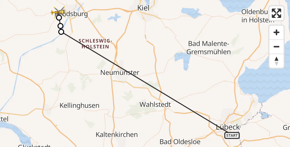 Flugroute Ambulanzhubschrauber Lübeck - Fockbek, 31 Juli 2026, 11:27