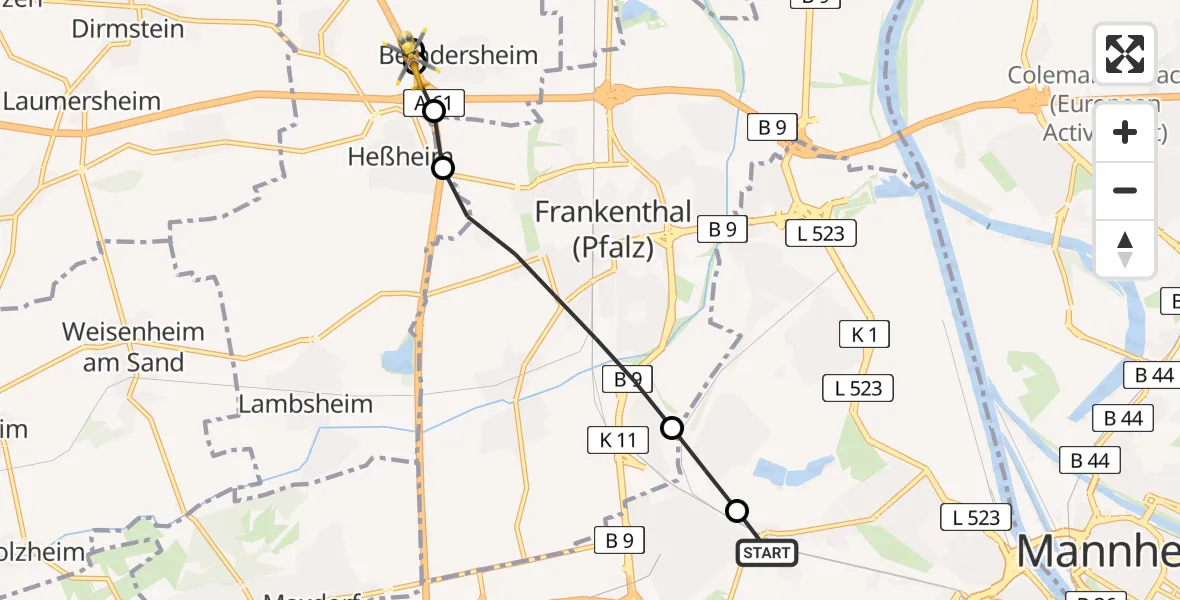 Flugroute Rettungshubschrauber Ludwigshafen Accident Hospital - Beindersheim, 31 Juli 2026, 11:28