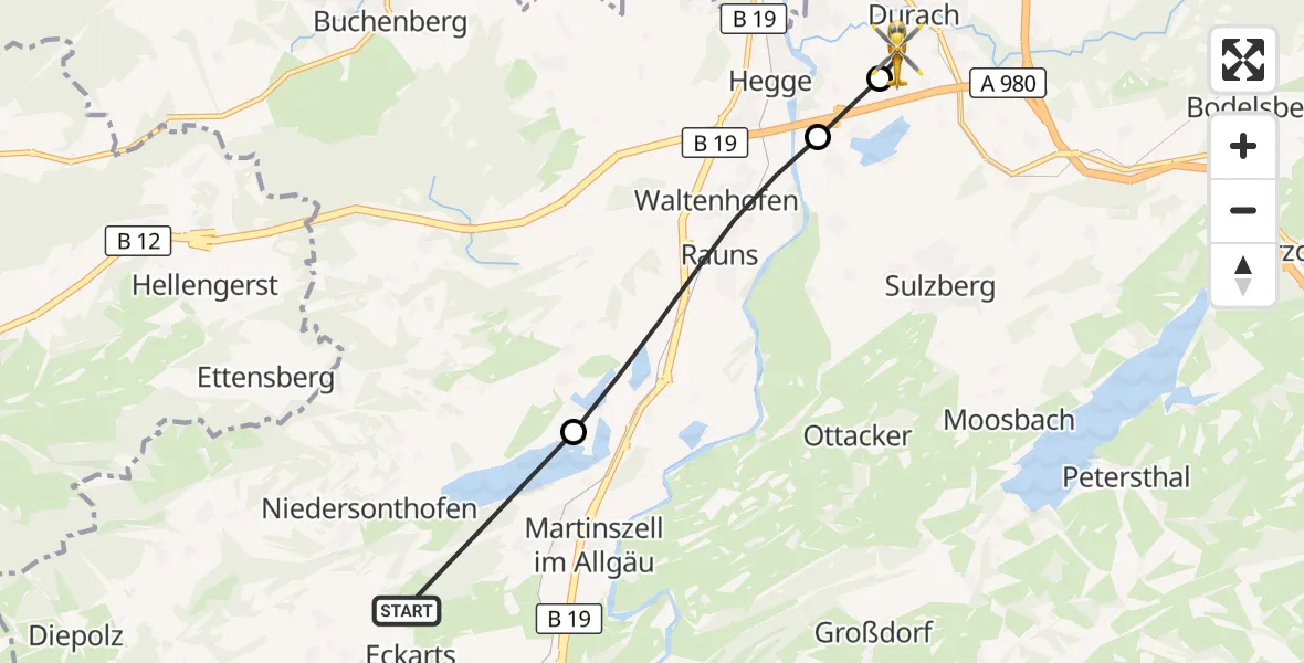 Flugroute Rettungshubschrauber Immenstadt i.Allgäu - Kempten-Durach Flugplatz, 31 Juli 2026, 11:41